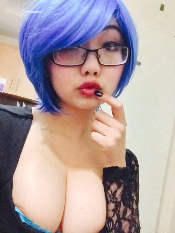 Glasses Geek Busty Asian Cosplay Girl In Glasses And Blu